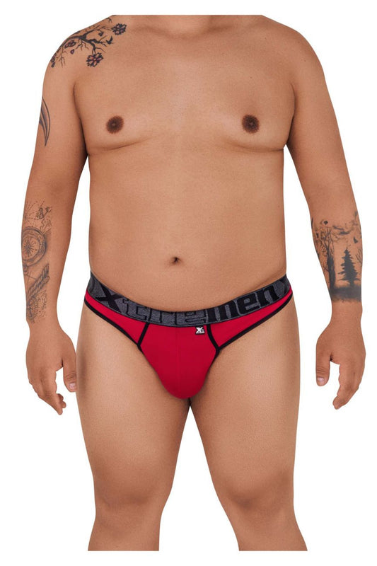 Red xtremen 91101x microfiber thong with black trim and branded waistband for men