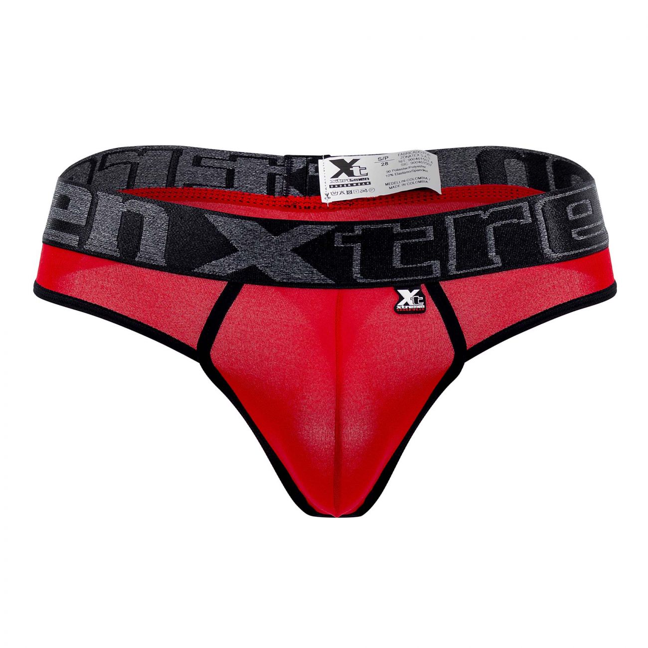 Red and black Xc Extreme microfiber thong with mesh front panel and elastic waistband featuring Xc logo in gray lettering