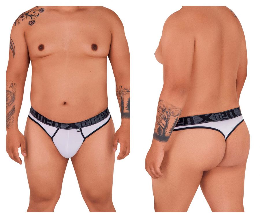 White men’s thong with black trim and branded waistband made of microfiber from Xtremen 91101X collection