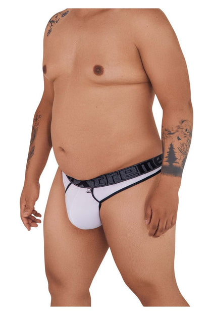 White xtremen 91101x microfiber thongs with black elastic waistband branded vere and small side logo