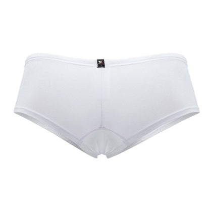 Xtremen 91103x white microfiber trunks with a subtle sheen and a small black brand tag at the waistband