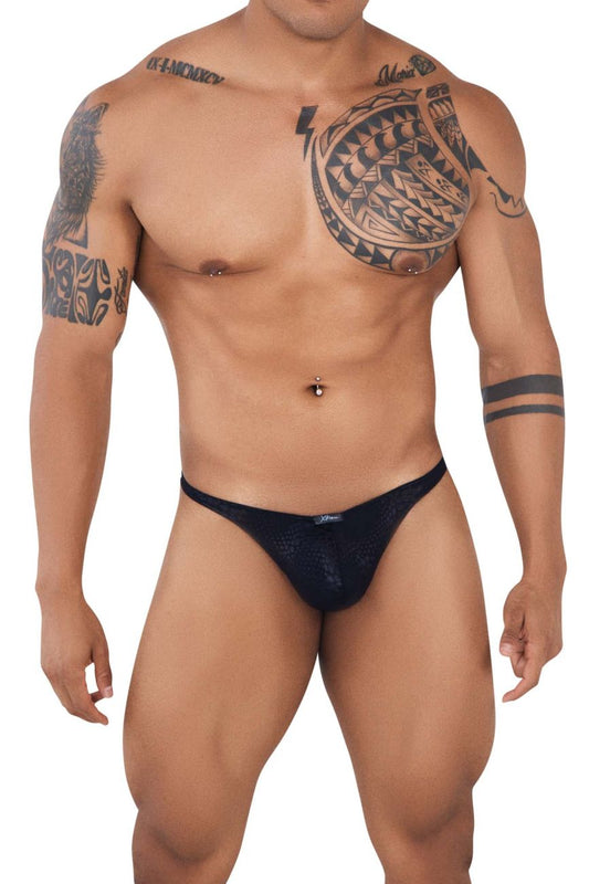 Xtremen 91120 black lace thongs featuring black mesh briefs with a subtle pattern and small brand logo on front