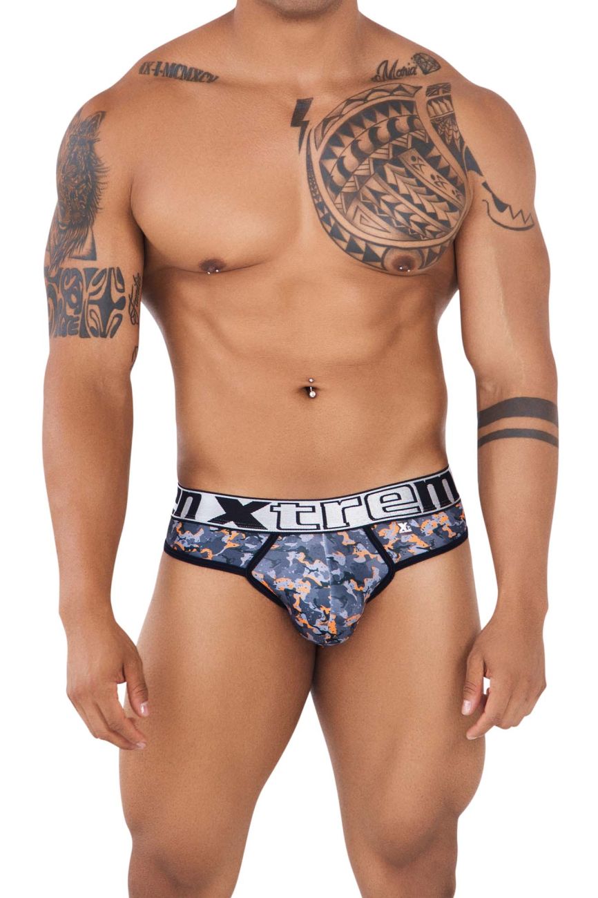 Xtremen 91131 printed thongs in blue and orange camouflage with black trim and white xtreme branding on waistband
