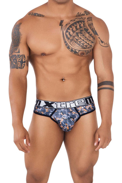 Xtremen 91131 printed thongs in blue and orange camouflage with black trim and white xtreme branding on waistband