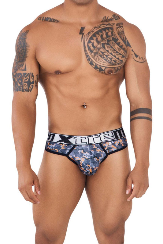 Xtremen 91131 printed thongs in blue and orange camouflage with black trim and white xtreme branding on waistband