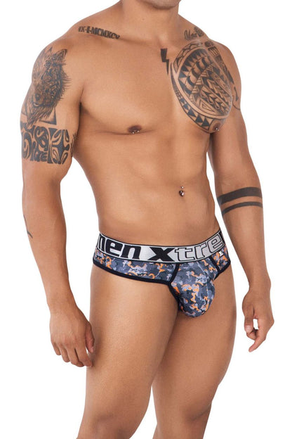 Menxtreme xtremen 91131 printed thongs in orange with blue and orange camouflage pattern and black trim