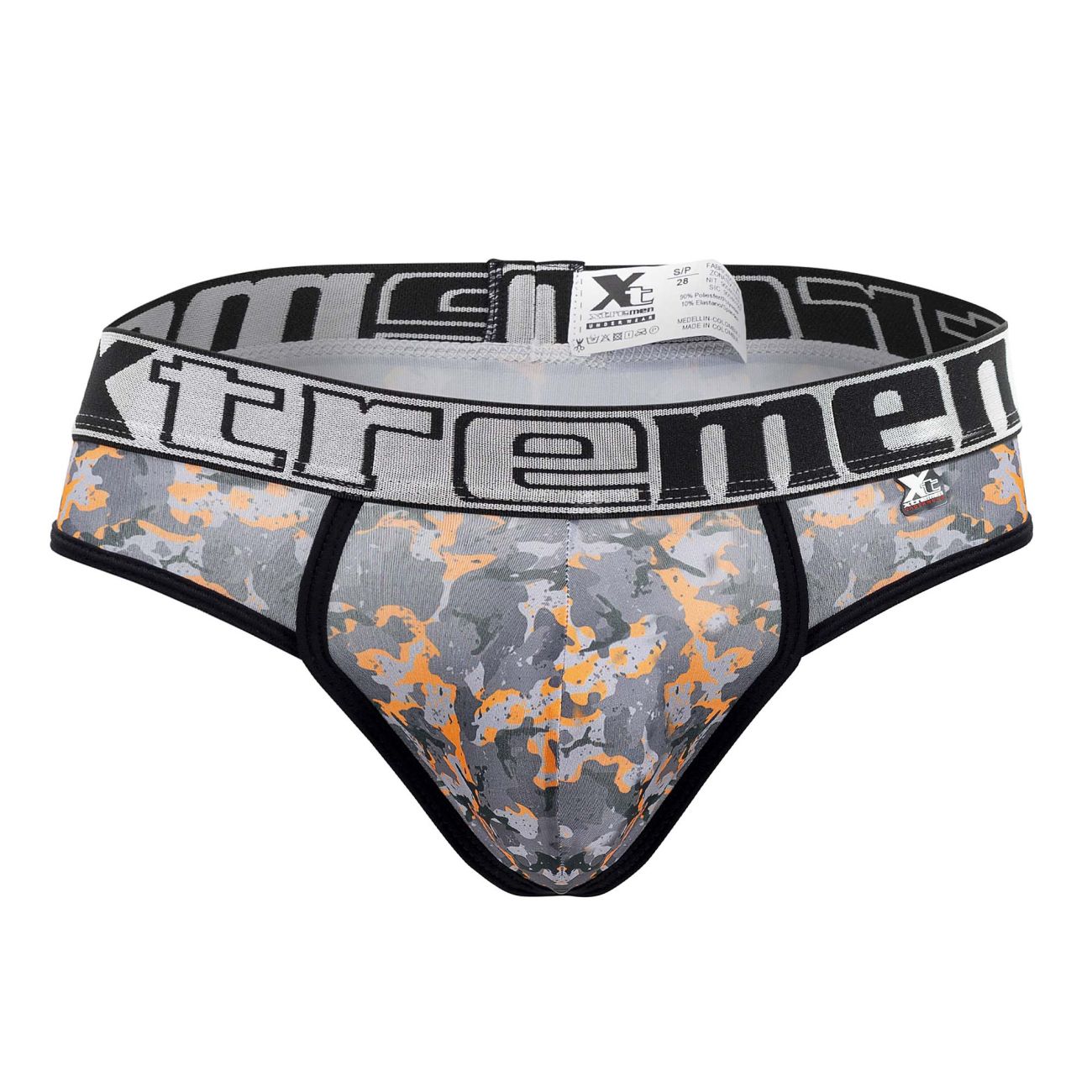 Xtremen 91131 printed thongs in gray and orange camouflage with a black waistband featuring bold white xtremen branding