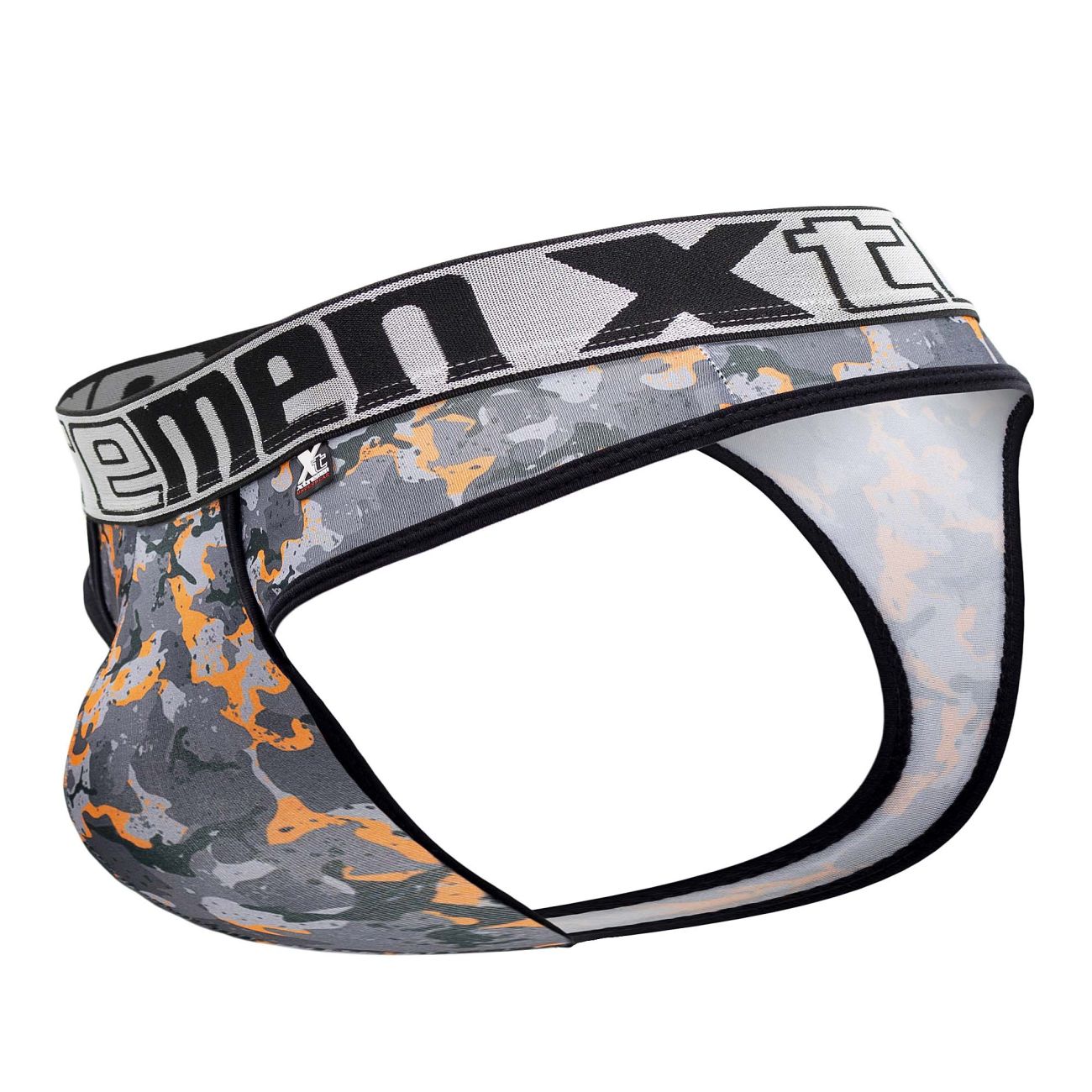 Xtremen 91131 printed thongs in gray and orange camouflage with black trim and menxt branded waistband for men