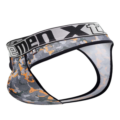 Xtremen 91131 printed thongs in gray and orange camouflage with black trim and menxt branded waistband for men