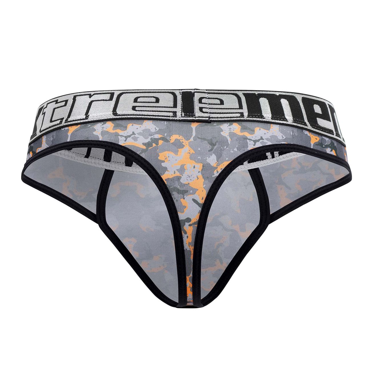 Xtremen 91131 printed thongs in gray orange camouflage with black trim and xtreme branded waistband for men