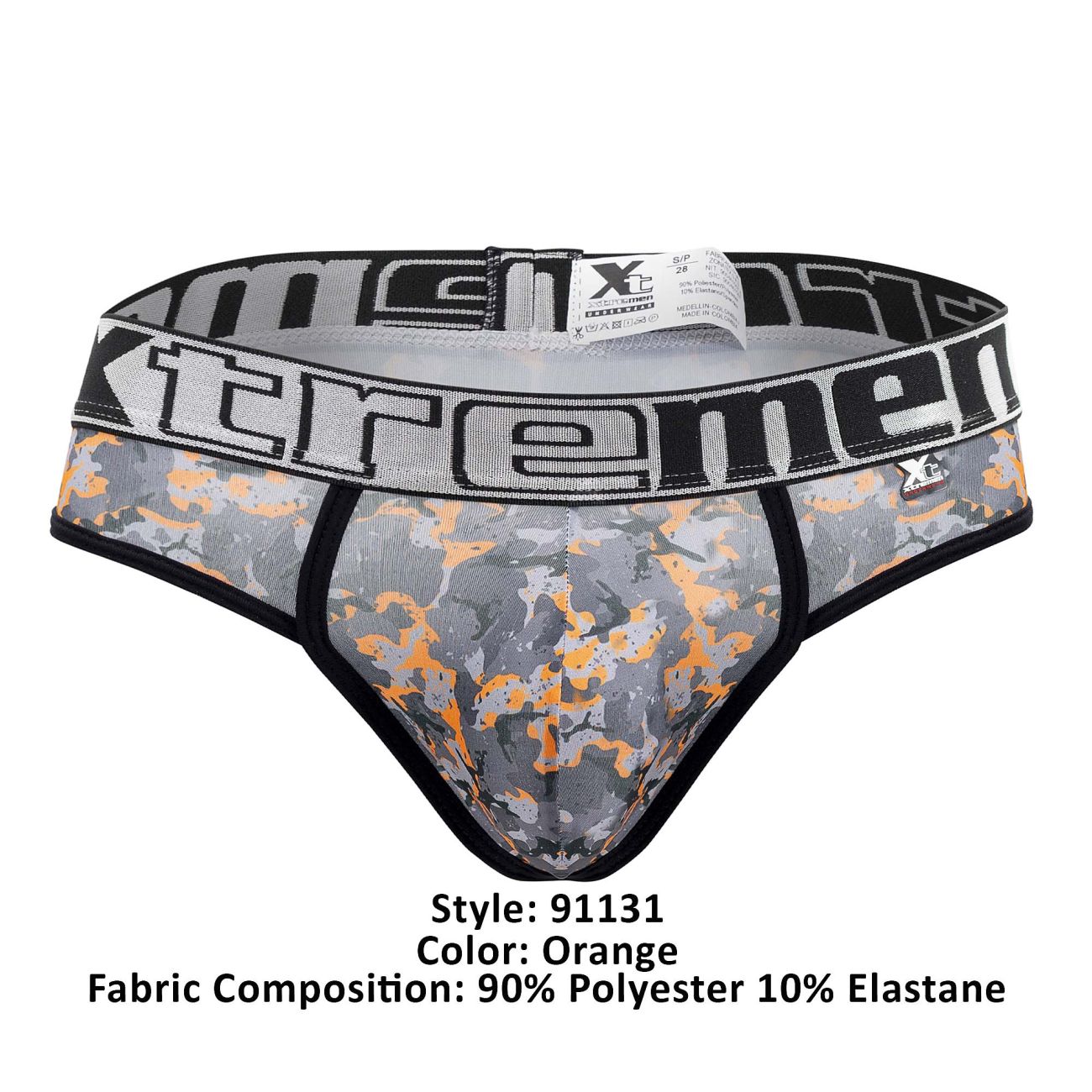 Gray and orange camouflage xtremen 91131 printed thongs for men with black waistband and xtreme logo