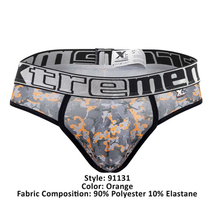 Gray and orange camouflage xtremen 91131 printed thongs for men with black waistband and xtreme logo