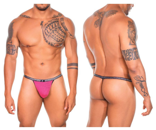 Vibrant pink xtremen 91144 mesh g-string briefs with black and silver patterned waistband in fuchsia color