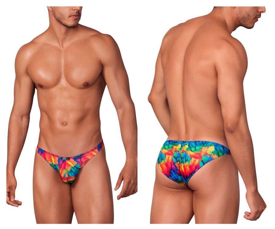 Xtremen 91145 printed microfiber bikini swim trunks with vibrant tie-dye rainbow fish pattern for men