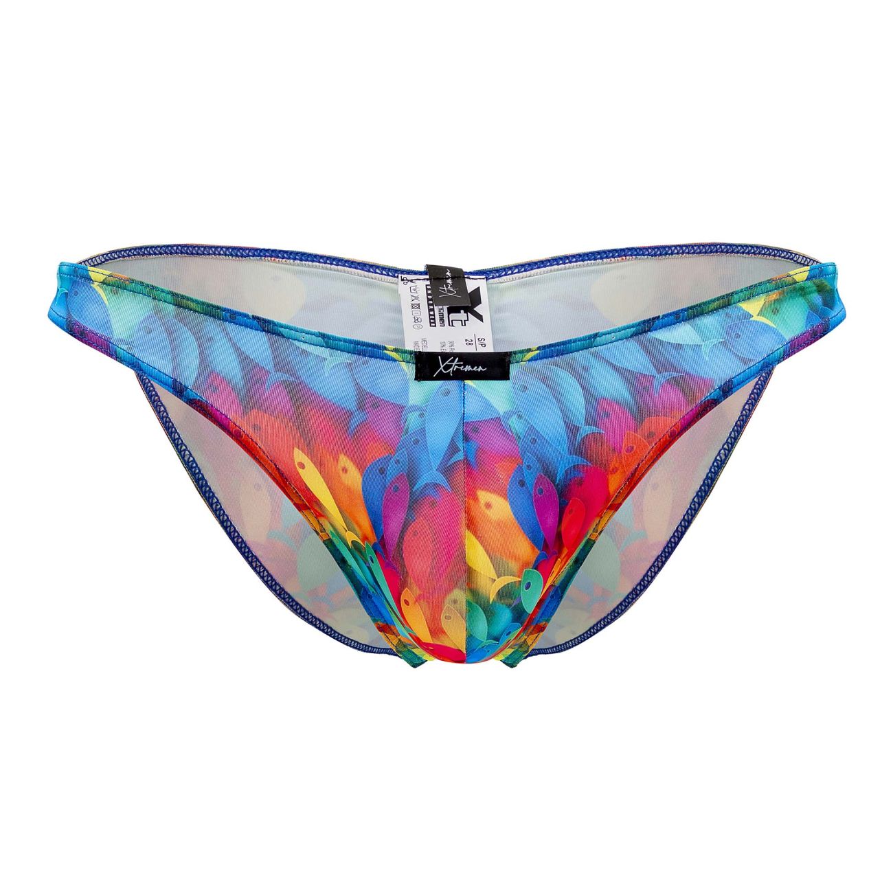 Xtremen 91145 printed microfiber bikini swim trunks with vibrant translucent rainbow fish pattern and navy trim