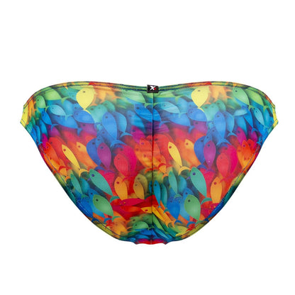 Vibrant rainbow-colored Xtremen 91145 printed microfiber bikini swim briefs with a dense stylized fish pattern