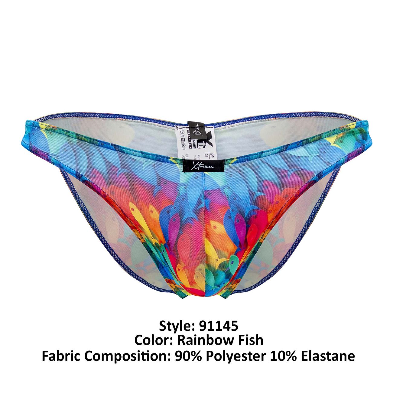 Xtremen 91145 rainbow fish printed microfiber bikini bottom with transparent mesh, blue trim, and black brand tag