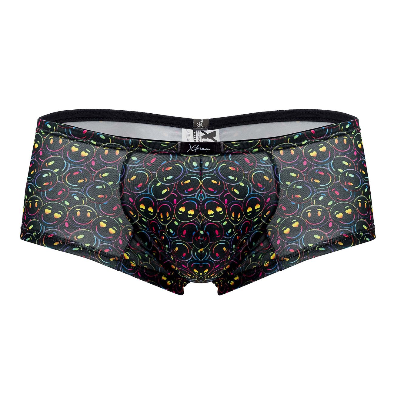 Xtremen 91147 printed microfiber trunks in black mesh with vibrant glowing rainbow smiley face pattern