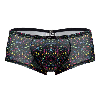 Xtremen 91147 printed microfiber trunks in black mesh with vibrant glowing rainbow smiley face pattern