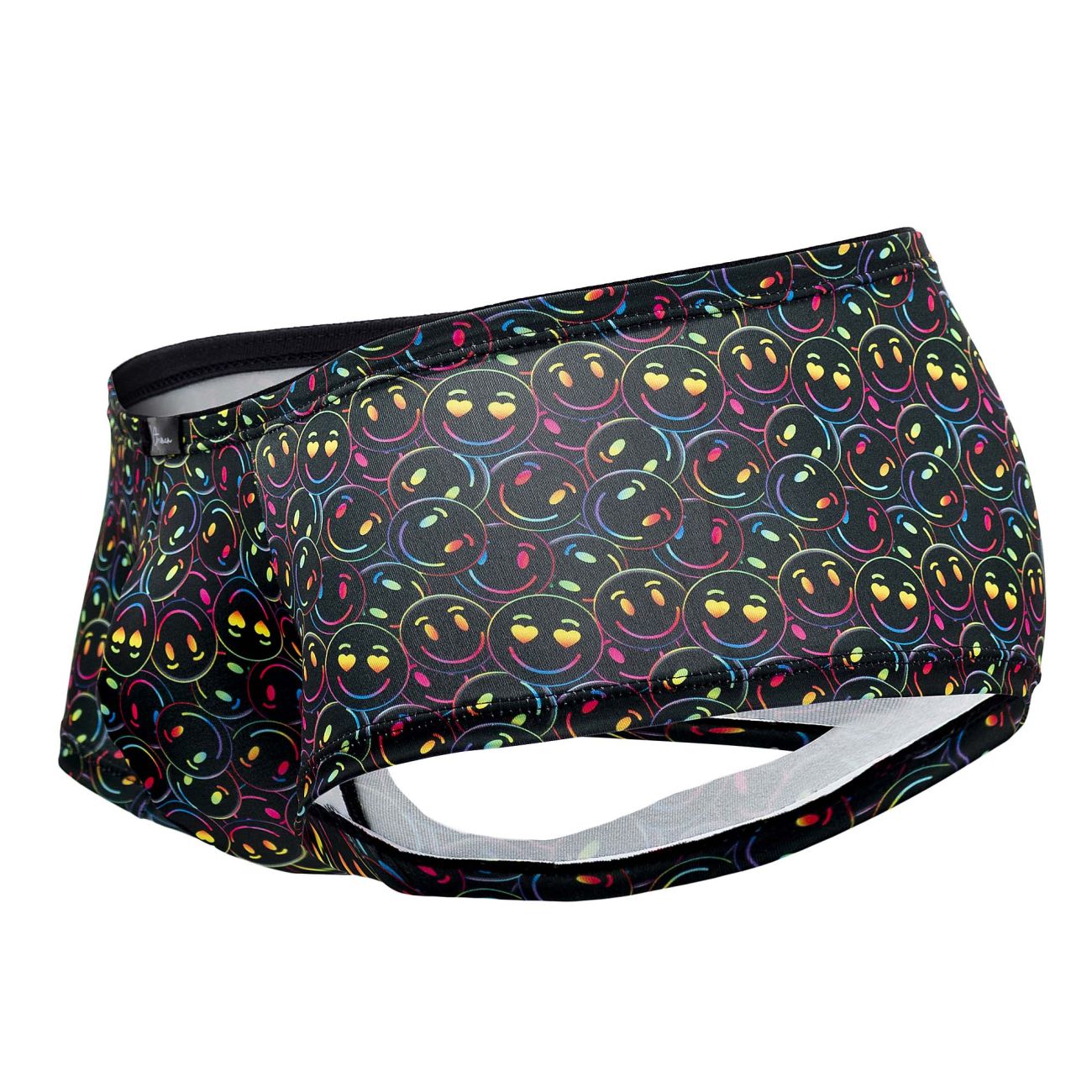 Black Xtremen 91147 printed microfiber swim trunks with vibrant rainbow smiley faces and yellow heart eyes pattern