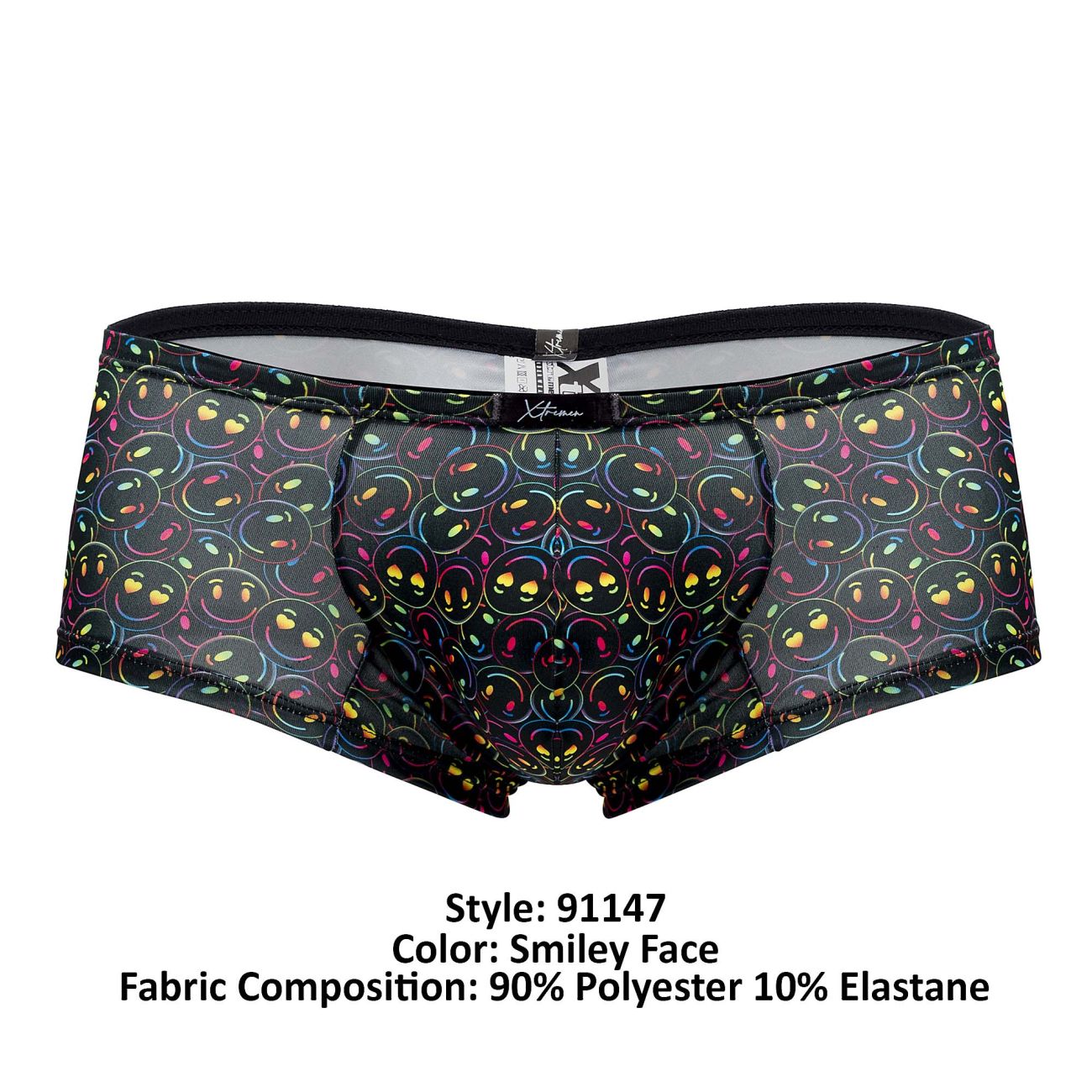 Black sheer microfiber briefs featuring a vibrant rainbow-outlined smiling face and heart pattern xtremen 91147 printed trunks