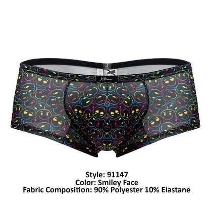 Black sheer microfiber briefs featuring a vibrant rainbow-outlined smiling face and heart pattern xtremen 91147 printed trunks
